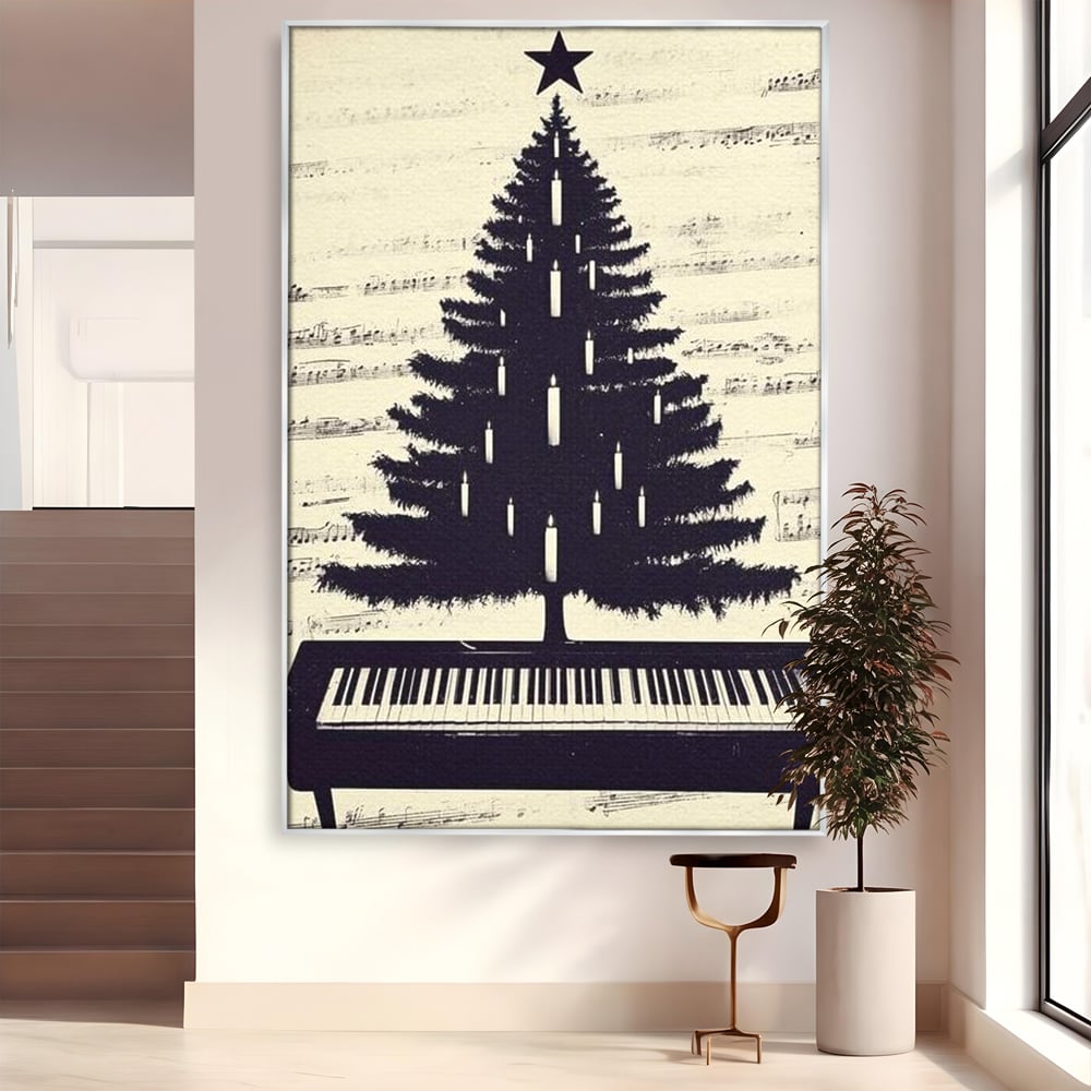 Tablou canvas cu tablou canvas cu brad din clape de pian, in rama de aluminiu argintiu